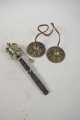 A Tibetan Buddhist prayer wheel and a pair of cymbals, wheel 8" long