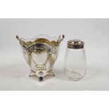 A hand blown bubble glass sifter with an unmarked silver top, together with a silver plated bonbon