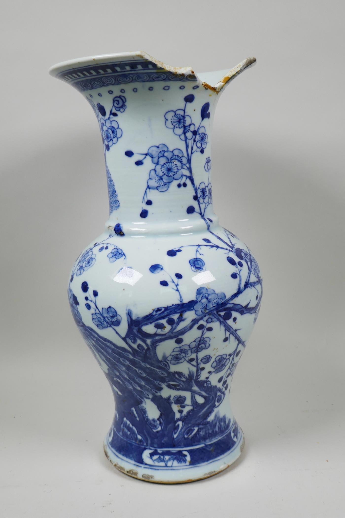 A C19th Chinese blue and white porcelain vase decorated with peacocks and prunus blossom, 14" - Image 2 of 7
