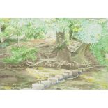 Phyllis O'Shea, stepping stones across a river, signed, watercolour, 15" x 11"