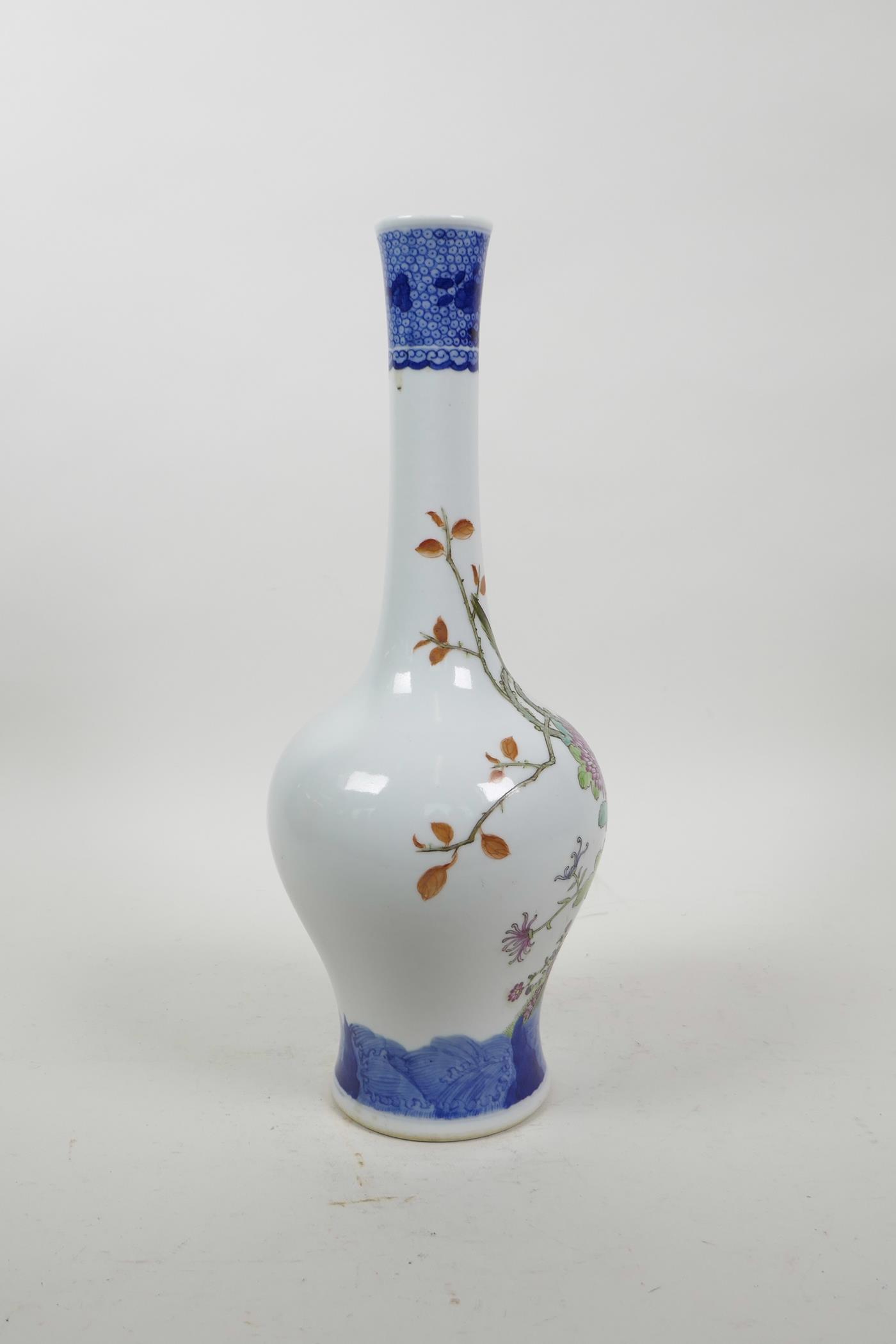 A Chinese polychrome porcelain slender necked vase decorated with birds and chrysanthemums, 6 - Image 3 of 4