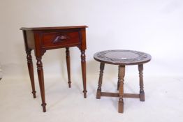 A hardwood single drawer side table and an oak occasional table with carved top, raised on turned