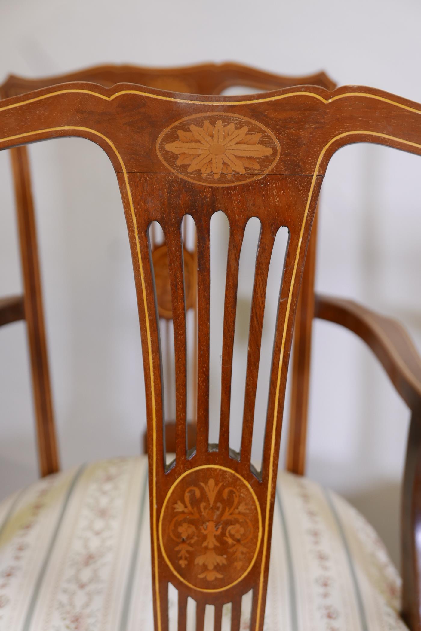 A set of Victorian inlaid mahogany parlour chairs comprising two elbow and four standard chairs - Image 3 of 3