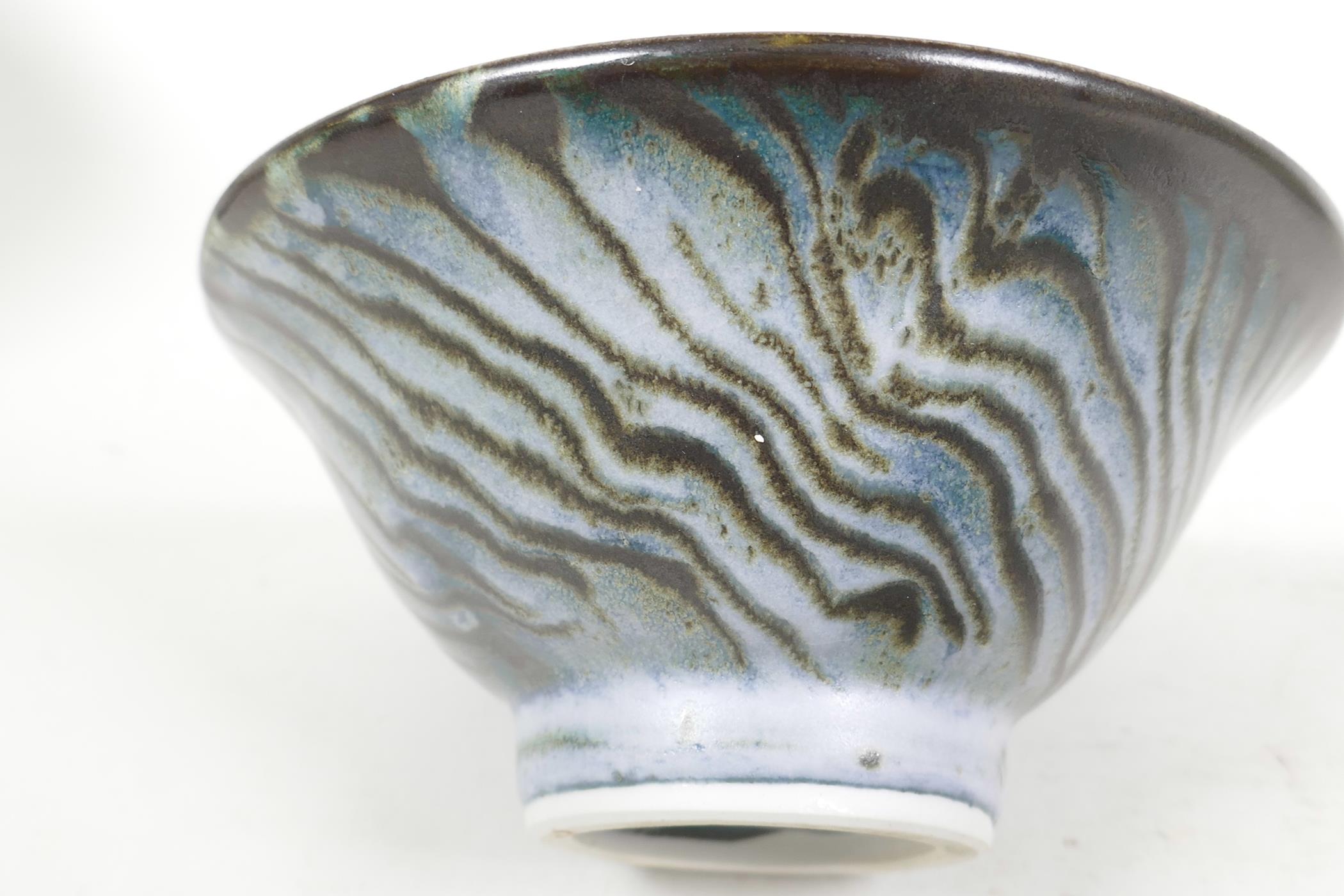 Studio pottery, two bowls and a shallow dish, slip glazed in grey/blue and brown, dish 6½" diameter - Image 4 of 5