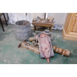 An antique coopered barrel, pine stool and various agricultural parts, stamped Garrett, Leiston