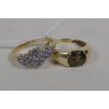 A 9ct gold ring set with a tanzanite stone, and a 9ct gold ring set with blue stones, 6.9 grams