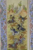 A Moghul miniature painting of a hunting scene in ornate painted mount and detailed micro-mosaic