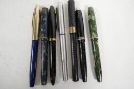 Seven fountain pens, three Conway Stewart, one Parker, one Royal and two Sheaffer