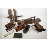Various woodworking tools from the 1860s including two Rebate Planes stamped 'Piner' and 'Paige',