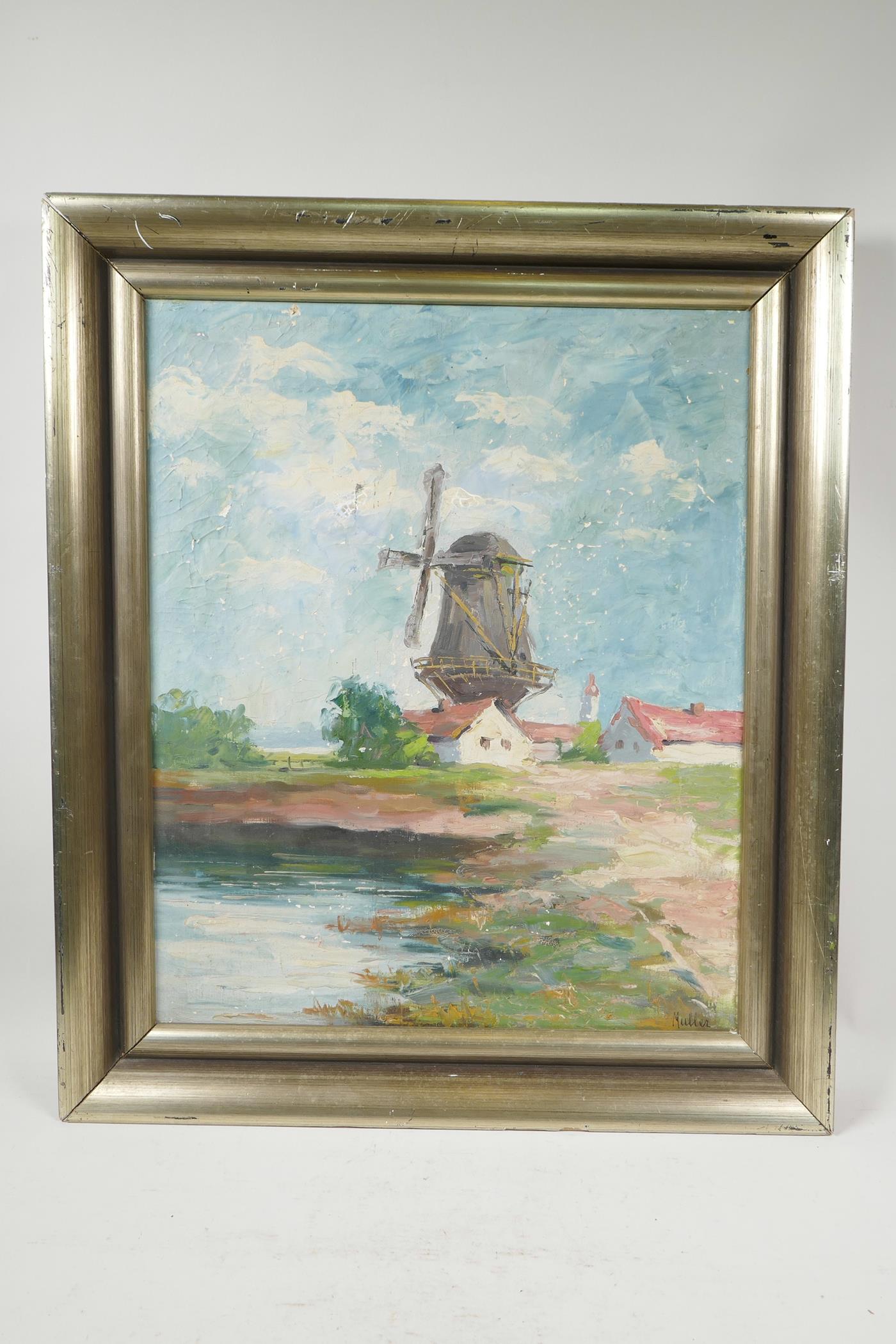 Muller, Dutch landscape with a windmill, oil on canvas, 16" x 19½", A/F - Image 2 of 6