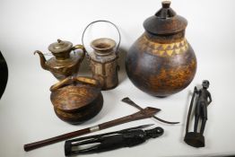 A quantity of African ethnographic items including a large carved wood storage jar and lid, 16½"