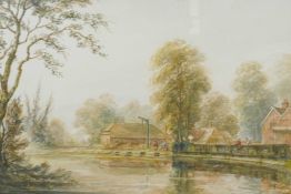 Max Dunlop, river scene with figures on far bank, signed, titled verso 'Milton Lake', watercolour,