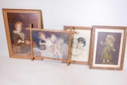 Four Victorian colour prints of children including 'Pears', largest 27" x 18"