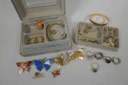A 9ct gold and grey topaz ring, a quantity of silver rings and a collection of costume jewellery