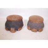 A pair of C19th taxidermy elephant feet stools, with fabric covered horse hair seats, 15" diameter x
