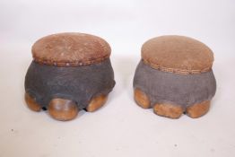 A pair of C19th taxidermy elephant feet stools, with fabric covered horse hair seats, 15" diameter x