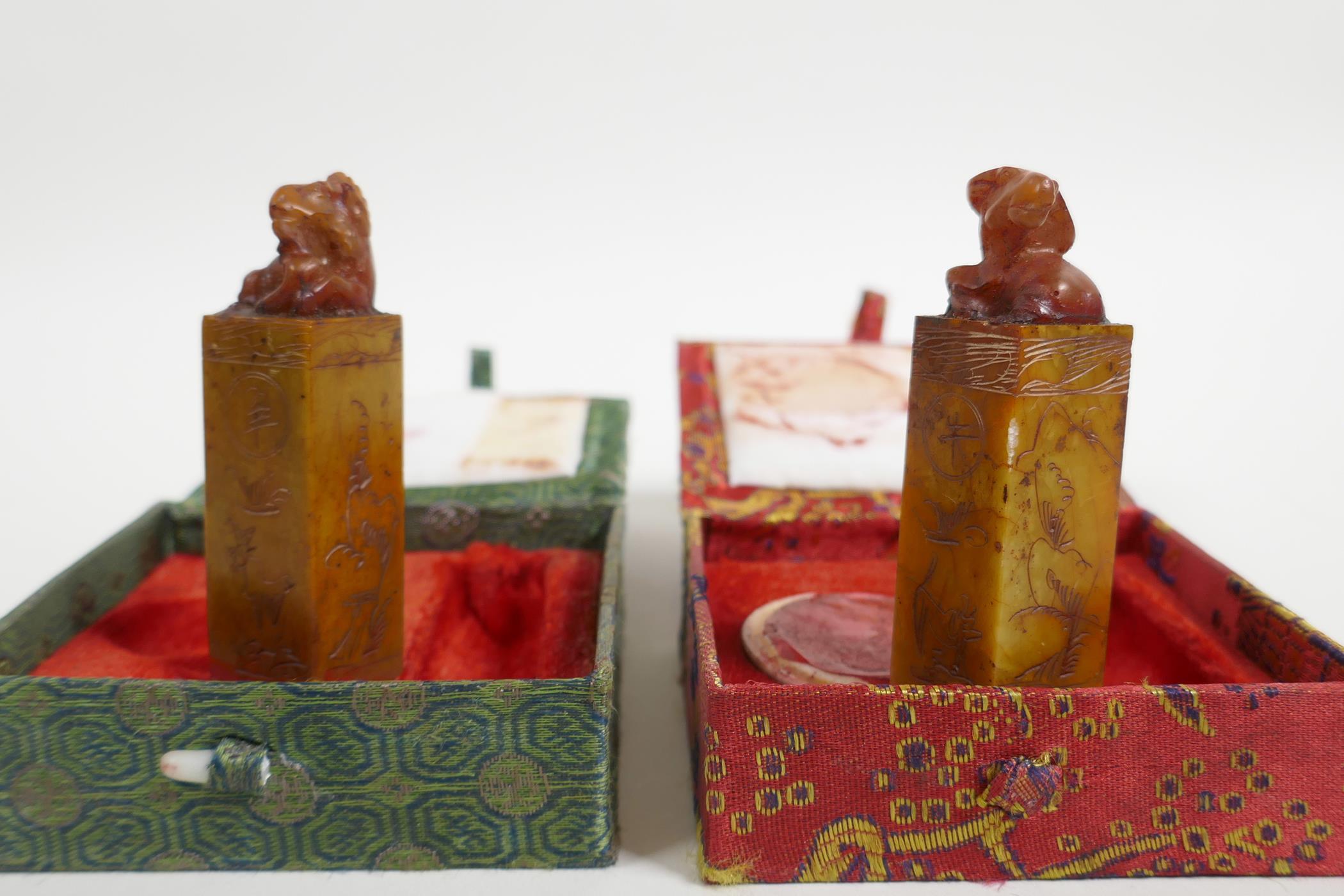 Two boxed Chinese soapstone seals with carved knops of a buffalo and goat, 3" high - Image 2 of 4