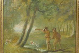 Two hunters shooting in a woodland, C19th, oil on canvas, 15" x 12"
