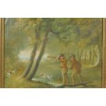 Two hunters shooting in a woodland, C19th, oil on canvas, 15" x 12"