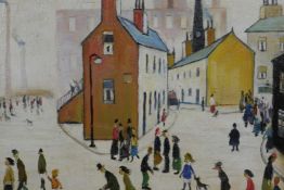 In the manner of Lowry, busy industrial street scene, oil on canvas laid on board, 13½" x 10½"