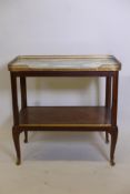 A late C19th French two tier tulipwood etagere with crossbanded inlay, green and white marble top,