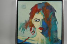 R. Jofre, 'Rostro', modernist portrait of a red haired girl, titled verso, signed, 13½" square