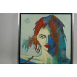 R. Jofre, 'Rostro', modernist portrait of a red haired girl, titled verso, signed, 13½" square
