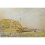 Estuary scene with sailing barges, monogrammed H.R. 14" x 9½"