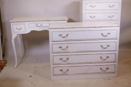 A Louis XV style painted dressing table and two matching chests, largest 15½" x 24", 42" high