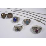 A quantity of sterling silver including four silver rings inset with various gemstones, all