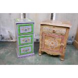 An Indian painted chest of three drawers and painted pot cupboard, 18" x 13" x 24"