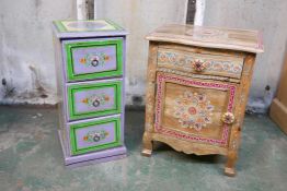 An Indian painted chest of three drawers and painted pot cupboard, 18" x 13" x 24"