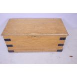 An iron bound pine storage box with iron loop carry handles, 32" x 15½" x 14"