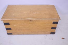 An iron bound pine storage box with iron loop carry handles, 32" x 15½" x 14"