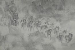 A charcoal sketch of a fourteen dog sled team and musher competing in the 'Iditarod Trail Sled Dog