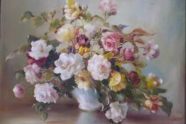 W. Reynard Hood, vase of roses, still life, signed, oil on canvas, 24" x 20"