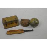 A 'Rowntree's' Cachous cricket bat tin, a 'Rowntree and Co' terrestrial globe tin, a 'Rowntree'