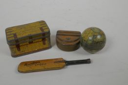 A 'Rowntree's' Cachous cricket bat tin, a 'Rowntree and Co' terrestrial globe tin, a 'Rowntree'