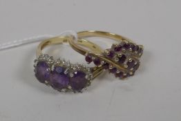 A 9ct gold ring set with three amethysts, and a 9ct gold ring set with rubies, 7.7 grams total