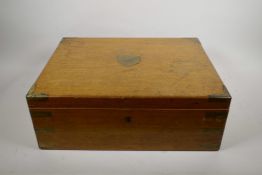 A light oak brass bound campaign canteen box, 18½" x 15", 7" high