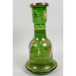 A Bohemian green glass (for the Persian market) hookah base painted with flowers in bright enamels