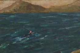 Study of a swimmer in a coastal inlet, signed M D'Aguilar(?), oil on canvas laid on board, 11" x 15"