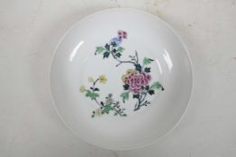 A fine quality Chinese Yongzheng famille rose 'Peony' eggshell porcelain dish, with delicate