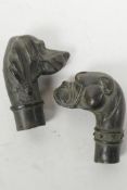 Two bronze walking stick handles cast as dog's heads, 3" long