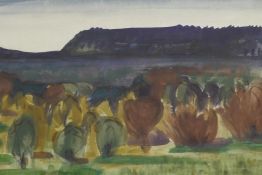 Landscape with mountain range (Possibly Table Mountain, South Africa), signed Battiss, 10" x 15"