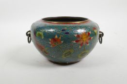 A Chinese cloisonne censer with two loop handles, decorated with carp in a lotus pond, impressed