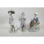 Three Lladro porcelain figures of a girl with a goat, a boy with delivery order, and a girl with