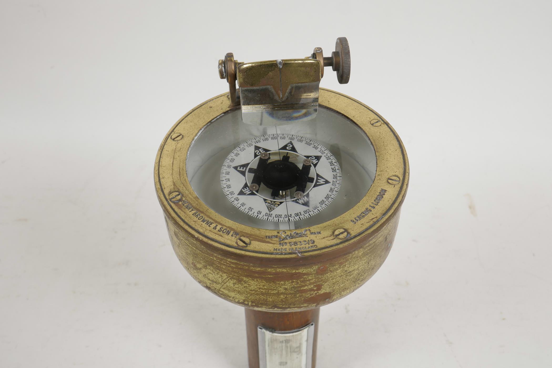 A 'Henry Browne & Son Ltd' brass and wood handheld 'Sestrel' compass, no.9833/13, 9" high, 4" - Image 3 of 4