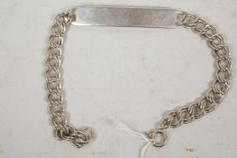 A silver identity bracelet with double link flat chain, 8¼" long