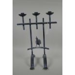 A bronze three branch candlestick with Middle Eastern bird decoration, 15½" high
